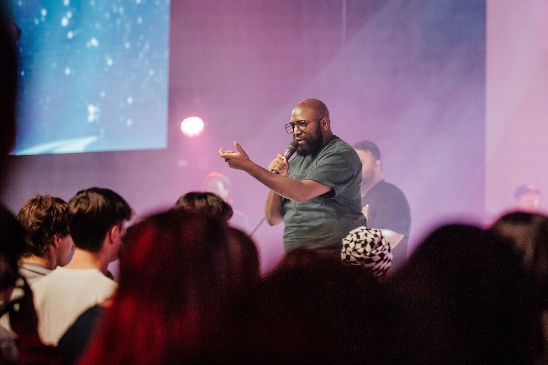 confident speaker on stage
